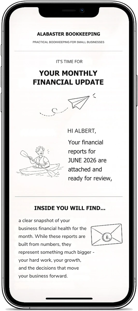 A monthly financial update from Alabaster Bookkeeping, open on a phone.